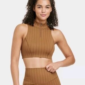 Joylab Cropped Zip Up Bra Top Athletic Gym Athleisure Brown Stripes Size Small